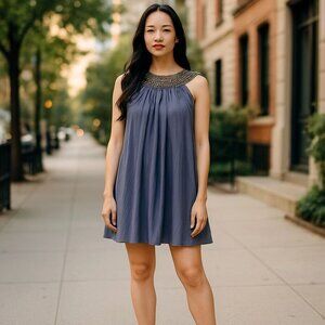NWT JS Boutique Gray Beaded Chiffon Swing Dress – Size 4 Cocktail/Party Mini